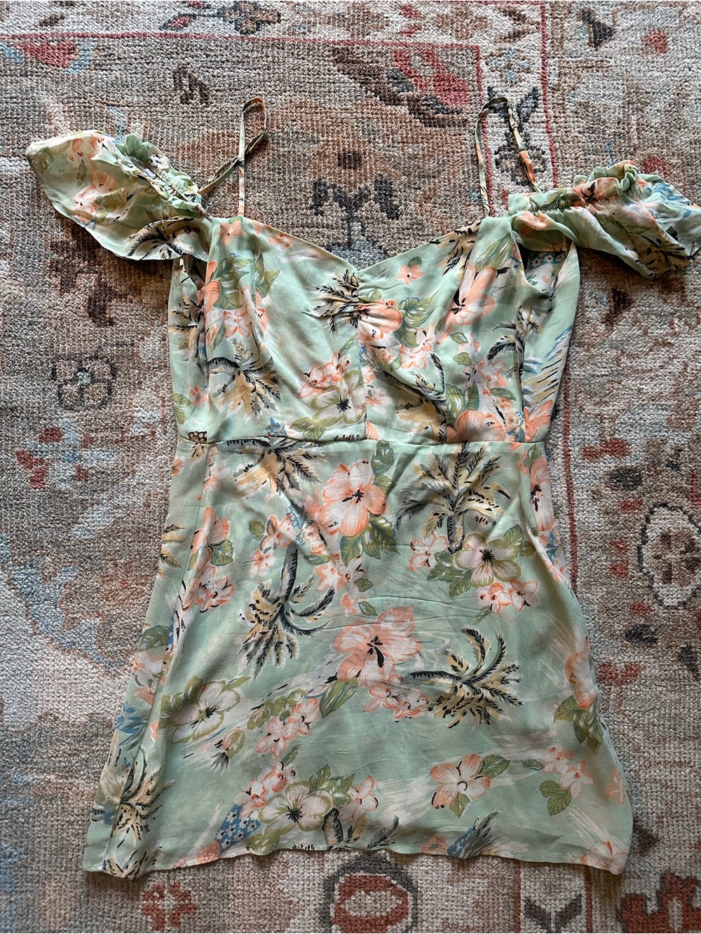 Reformation Mint Green Floral Off-Shoulder dress